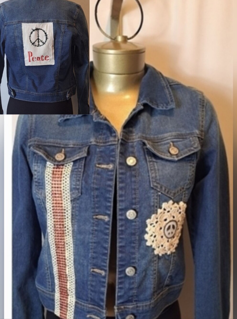 Wax Jean Upscaled Jean Jacket With Hand Painted Peace Sign And Crocheted Accents